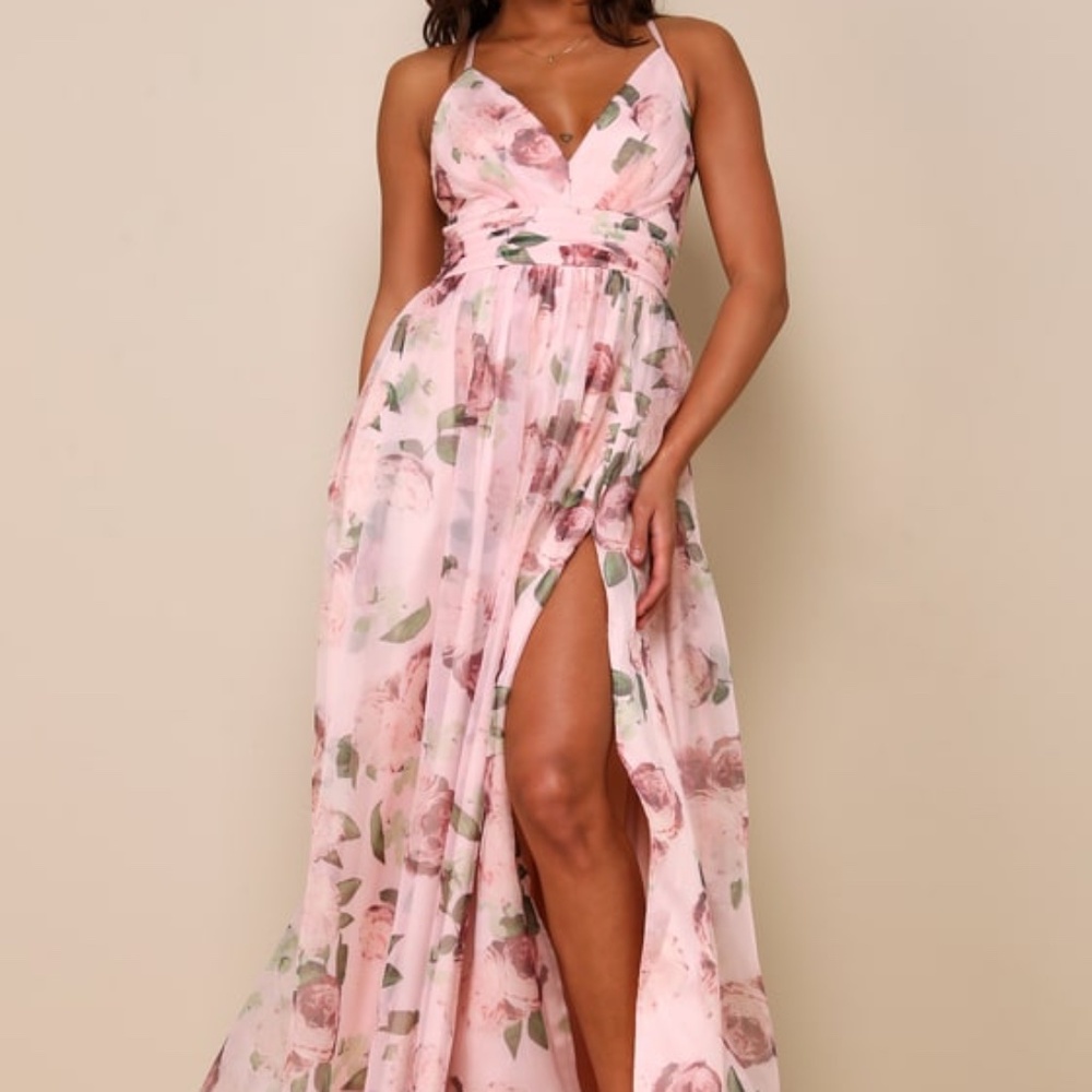 Lulus Romance That Wows Blush Floral Print Organza Maxi Dress Pink - Size L